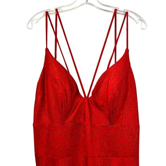 Abby Paris 90015 A-Line V-Neck Spaghetti Stap Long Prom Dress Red Shimmer 14 New - Picture 3 of 11